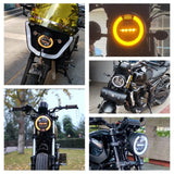 Round LED White & Amber Headlight Daytime Running Light High/Low Beam DRL Retro Universal Motorcycle Cafe Racer Vintage Modified - pazoma