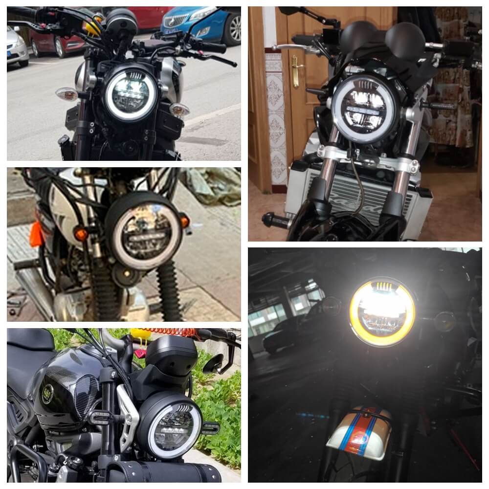 Round LED White & Amber Headlight Daytime Running Light High/Low Beam DRL Retro Universal Motorcycle Cafe Racer Vintage Modified - pazoma