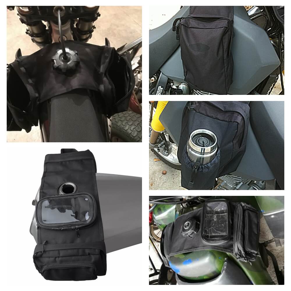Universal Motorcycle ATV Tank Top Storage Saddle Bag 600D Waterproof Oxford Cloth Luggage Saddlebag Mobile Cup Holder Tool Bags Black - pazoma