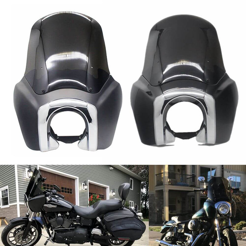 Front Fairing w/ 15'' Smoke Windshield Windscreen For Harley Dyna Wide Glide 2006-2017 Chrome Trim Bezel Headlight Relocation Block Black - pazoma