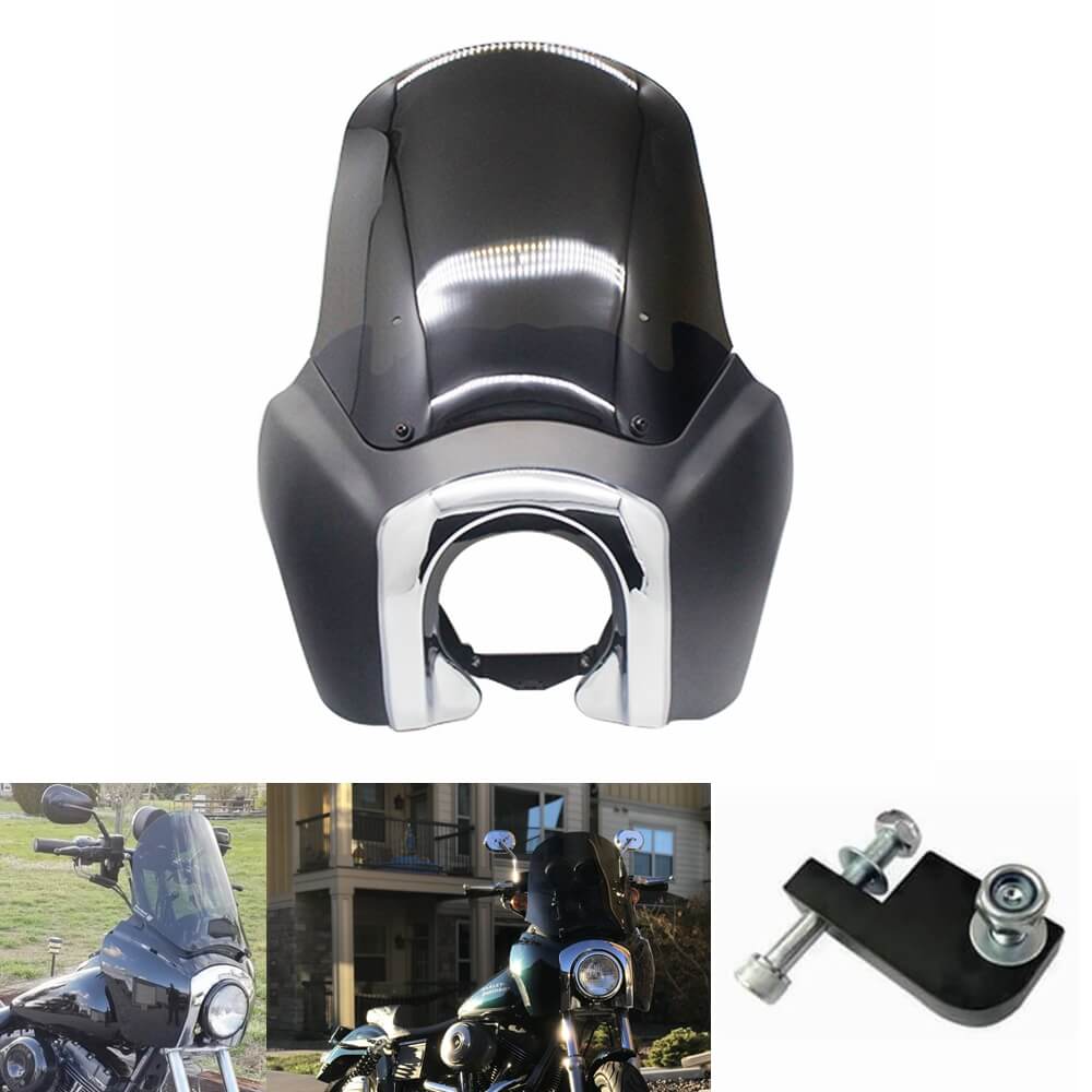Front Quarter Fairing 15'' Smoke Windshield Windscreen For Harley Dyna Wide Glide 06-17 w/ Chrome Trim Bezel Headlight Relocation Block Black - pazoma