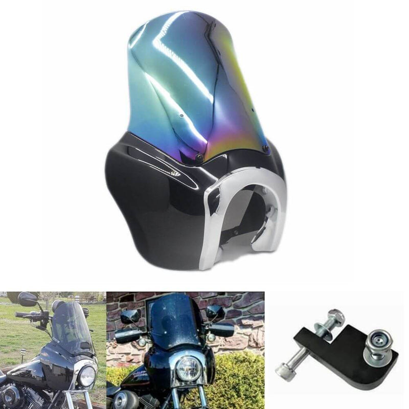 Tall Fairing w/Chrome Trim Bezel Iridium Windshield Headlight Relocation Block Club Style for Harley Dyna Super Glide T-Sport FXDXT FXR - pazoma