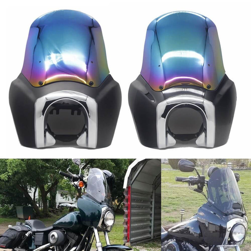 Tall Fairing w/Chrome Trim Bezel Iridium Windshield Headlight Relocation Block Club Style for Harley Dyna Super Glide T-Sport FXDXT FXR - pazoma