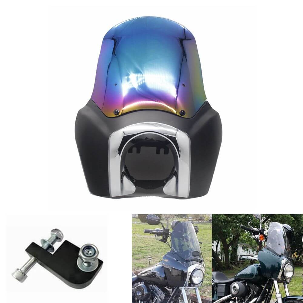 Quarter Black Fairing Kit For Harley Dyna Super Glide T-Sport FXDXT FXR Iridium Windshield w/Chrome Trim Bezel Headlight Relocation Block - pazoma
