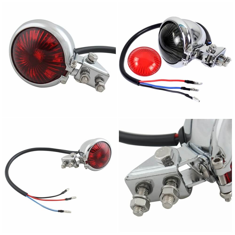Red 12V LED Adjustable Bates Style Motorcycle LED Tail Light Black Cafe Racer Bobber Tracker Harley Chopper Bobber Chrome - pazoma
