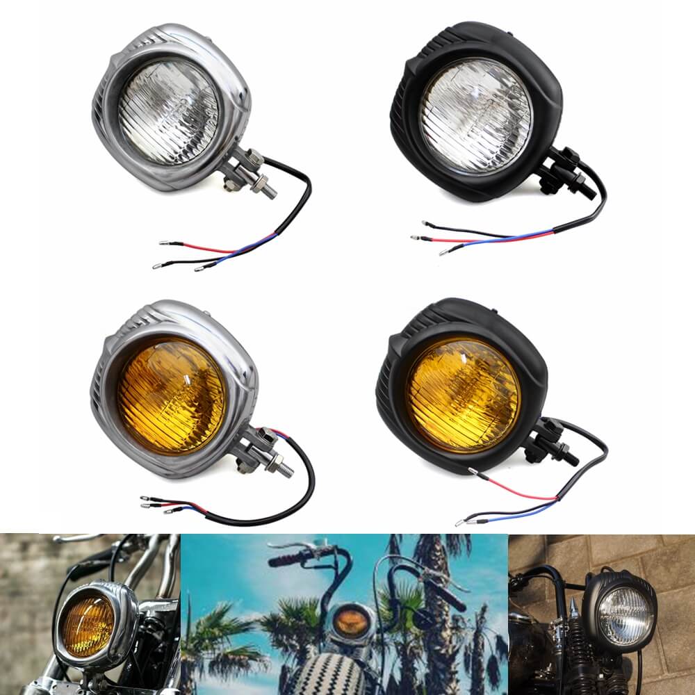 Motorcycle Sealed Beam Electroline Vintage Retro Square Headlight Chopper Bobber Harley Triumph BSA XS650 Custom w/Yellow Lens - pazoma
