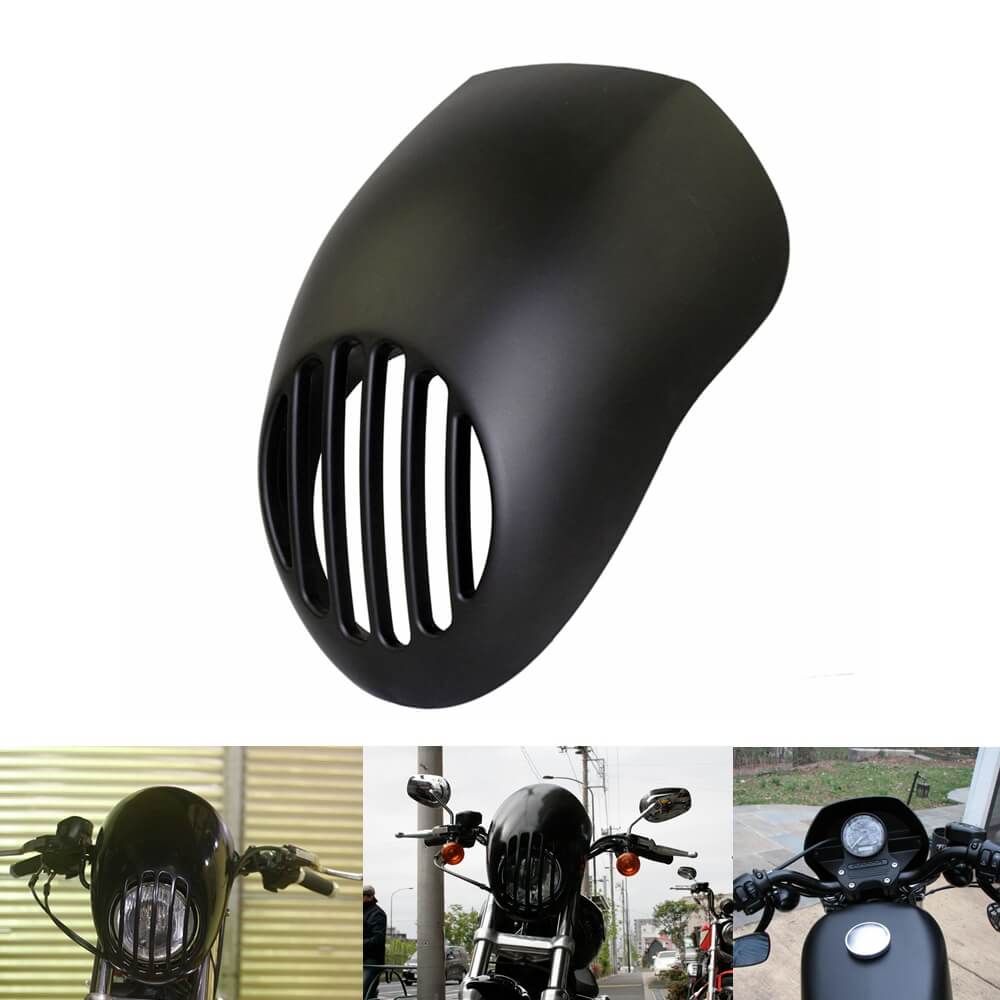 Harley Sportster 883 1200 FX XL Dyna Cafe Headlight Fairing Grill Cover W/ Black Visor Bracket Front Fork Mount Fit - pazoma