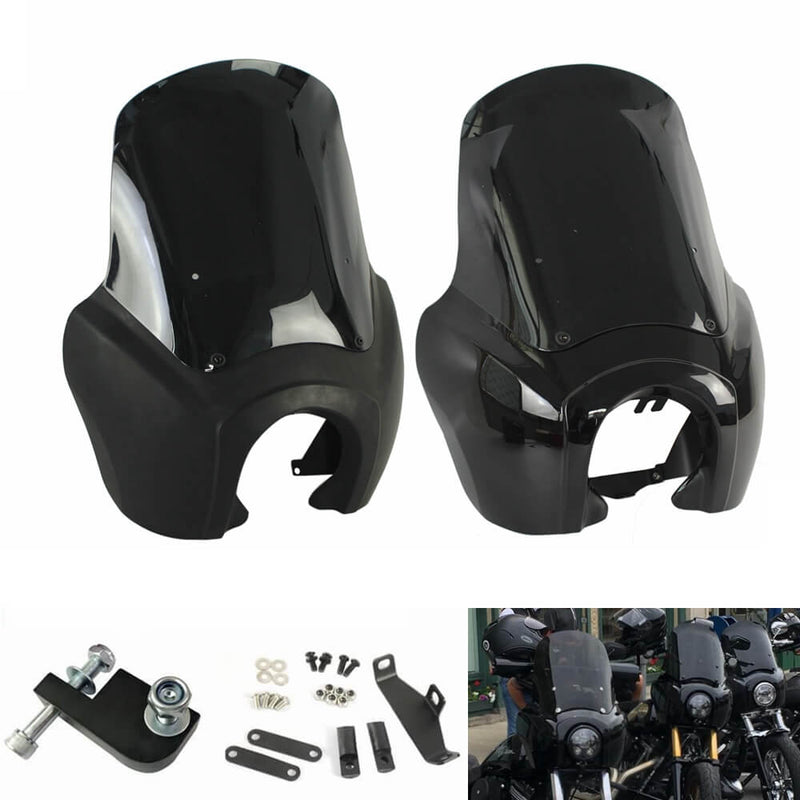 Harley Dyna Street Bob FXR Sportster T-Sport TSport Front Fairing Outer Club Style w/Black 15" Windscreen Windshield Headlight Relocation Block - pazoma