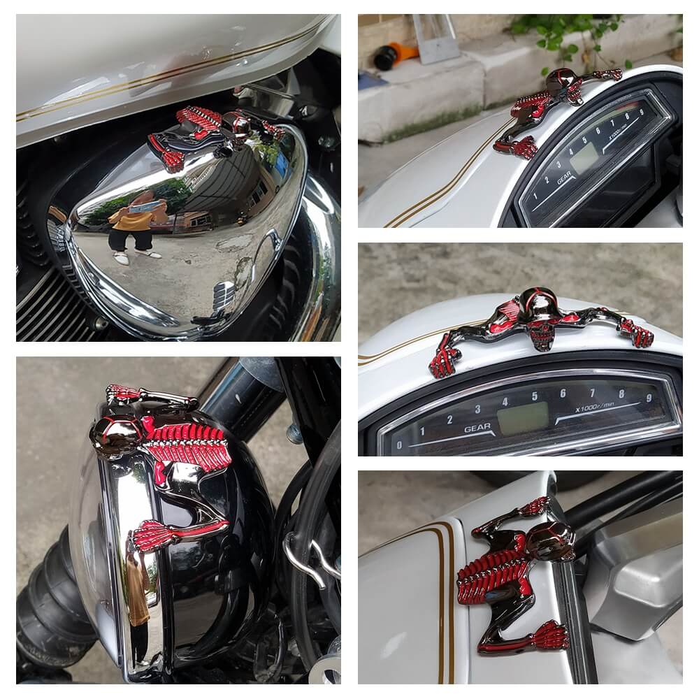 Motorcycle Large Skeleton Skull Electroplating Gun Metal w/red Color Statue Fender Visor Ornament Headlight Visor Trim - pazoma