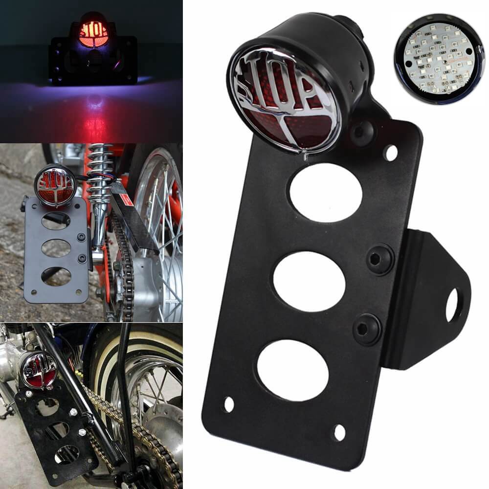 3/4" Motorcycle Side Mount LED Lucas Type Round "Stop" Taillight Tail Light License Plate Bracket For Harley Chopper Bobber Vintage - pazoma