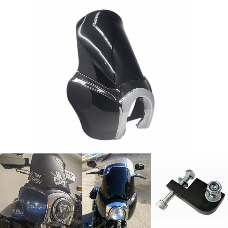 Harley Dyna Street Bob FXR Sportster T-Sport TSport Front Fairing Outer w/Chrome Trim Bezel Black Windshield Headlight Relocation Block - pazoma
