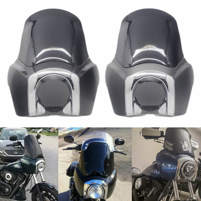 Harley Dyna Street Bob FXR Sportster T-Sport TSport Front Fairing Outer w/Chrome Trim Bezel Black Windshield Headlight Relocation Block - pazoma