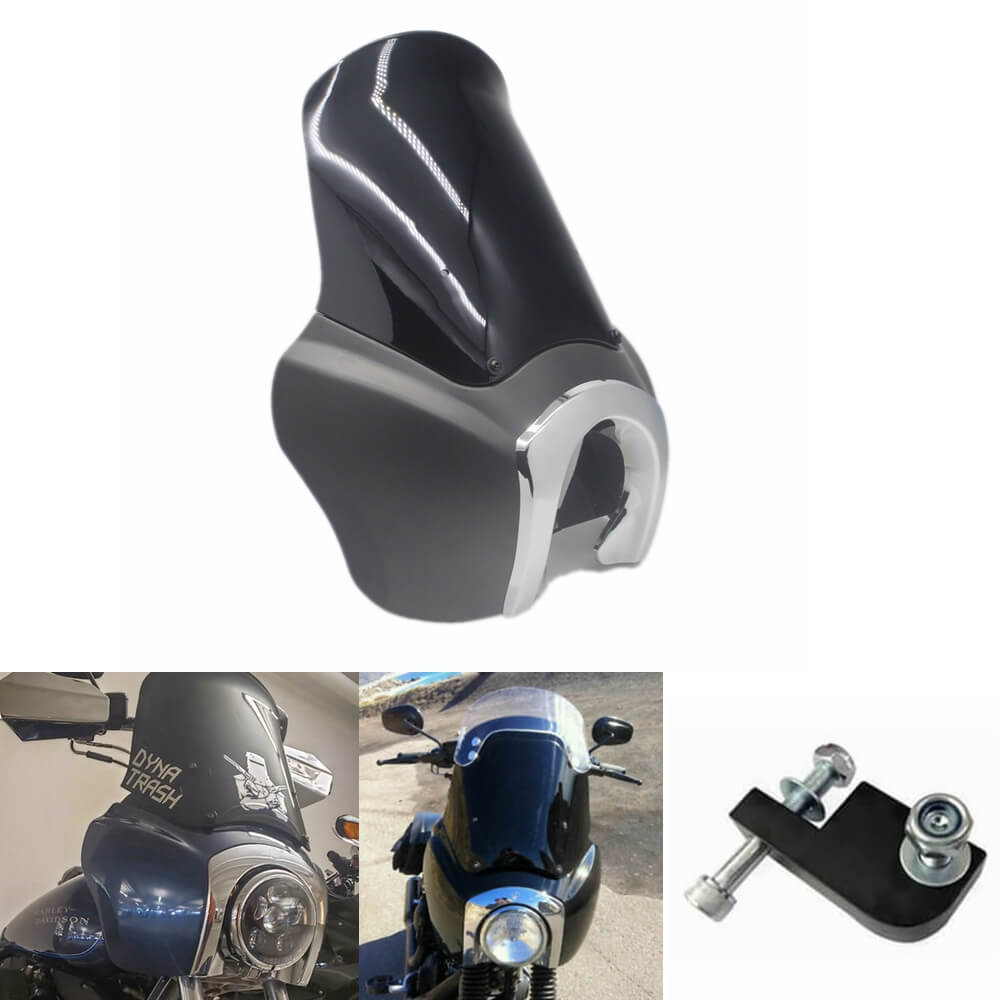 Harley Dyna Street Bob FXR Sportster T-Sport TSport Front Fairing Outer w/Chrome Trim Bezel Black Windshield Headlight Relocation Block - pazoma