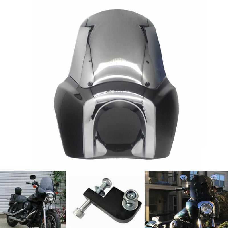 Front Motorcycle Fairing Club Style Dyna Street Bob FXR tsport Fairing w/Chrome Trim Bezel Windshield Headlight Relocation Block - pazoma