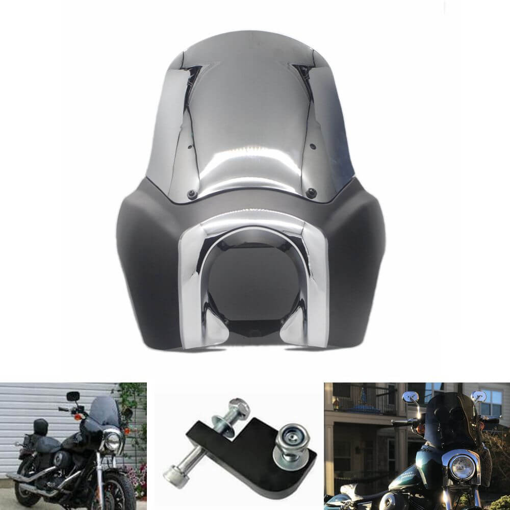 Front Motorcycle Fairing Club Style Dyna Street Bob FXR tsport Fairing w/Chrome Trim Bezel Windshield Headlight Relocation Block - pazoma