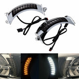 Pair LED Front Headlight Bezels for 15-22 Harley Road Glide FLTRX FLTRU Turn Signal Light with White DRL Shark Nose Fairing Lighted Vent Trim - pazoma