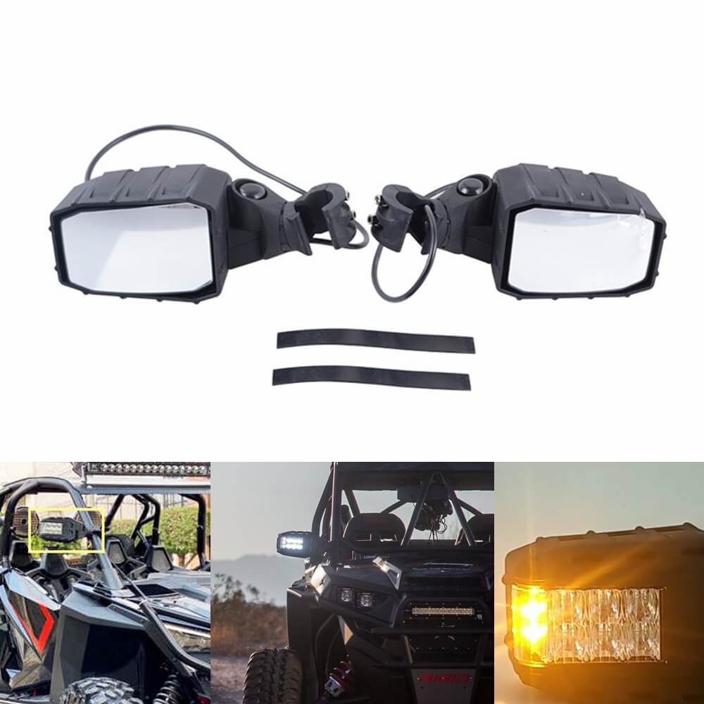 UTV Side Rear View Mirrors w/ LED Spot Light 1.75-2 Clamps for Can-Am  Polaris