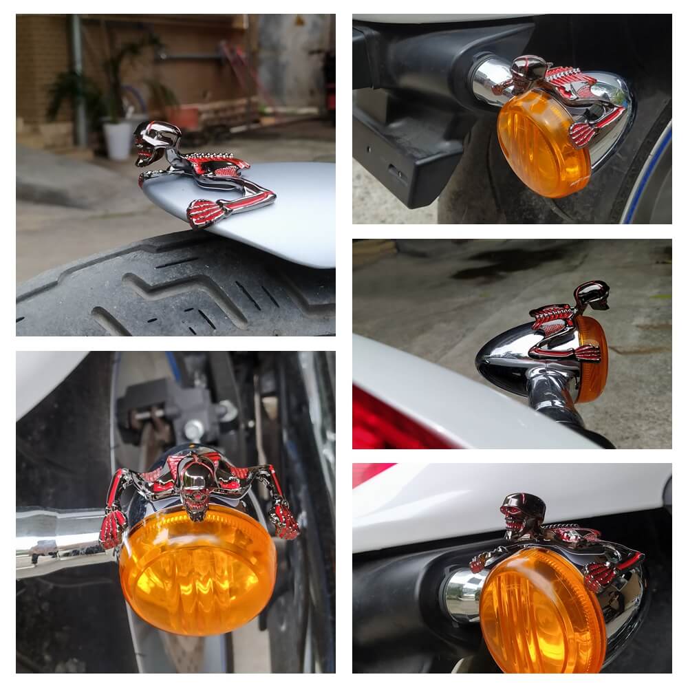 Motorcycle Small Electroplating Gun Metal w/red Color Front Fender Headlight Visor Ornament Skull Skeleton Decorative Figure - pazoma