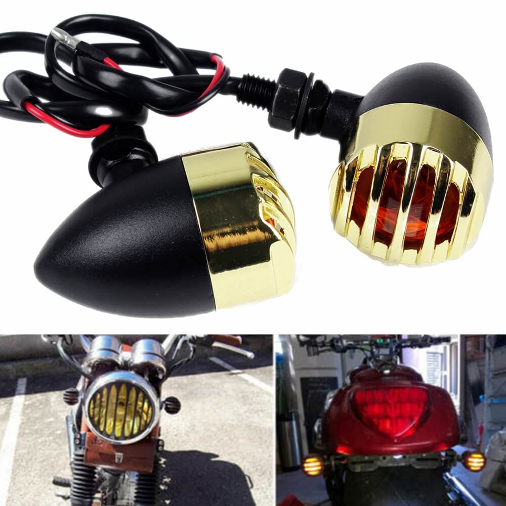 Motorcycle Vintage Grill Turn Signals Indicator Light blinker flashing Amber Universal Cafe Racer Chopper Bobber Cruiser Custom XL - pazoma