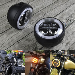 Round LED White & Amber Headlight Daytime Running Light High/Low Beam DRL Retro Universal Motorcycle Cafe Racer Vintage Modified - pazoma