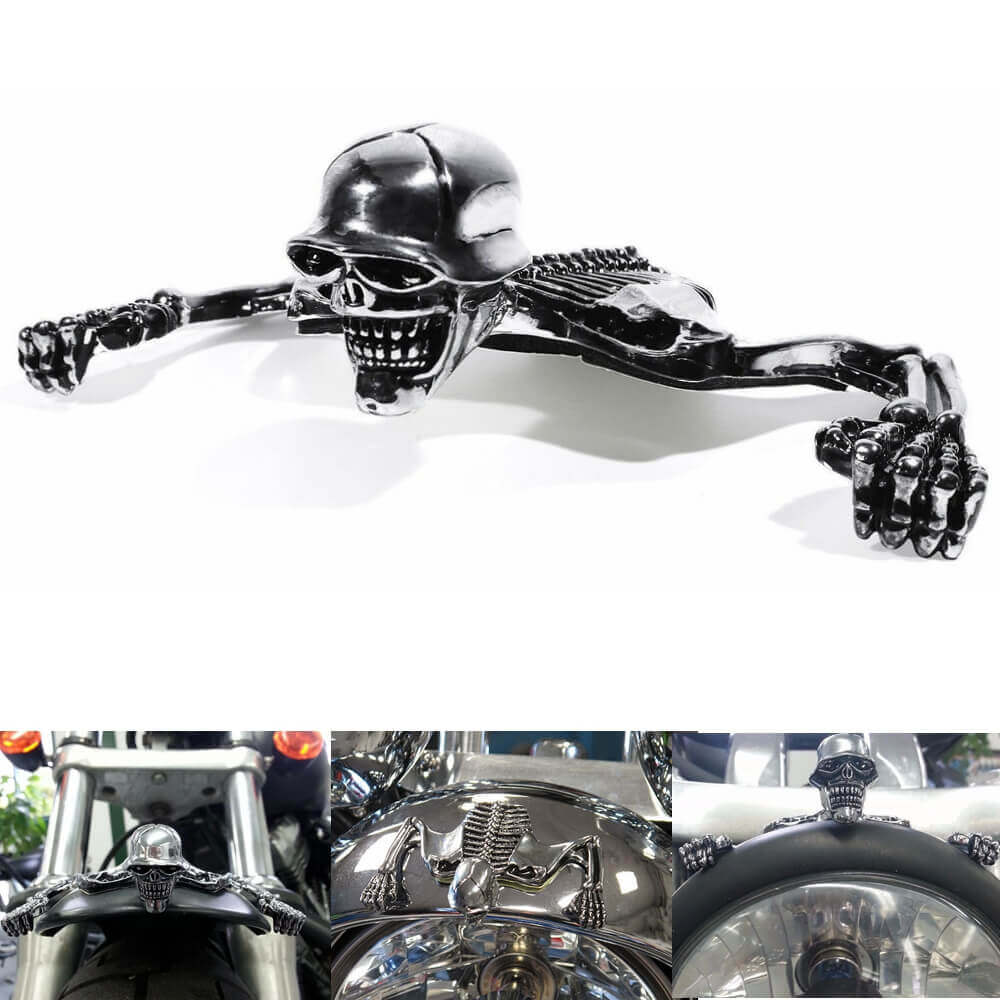 Large Skeleton Skull Chrome Statue Fender Visor Ornament 7 inch 7" Headlight Visor Trim For Harley Softail Dyna - pazoma