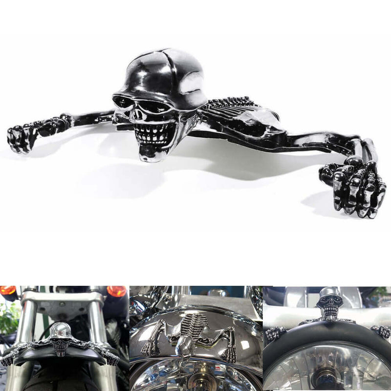 Large Skeleton Skull Chrome Statue Fender Visor Ornament 7 inch 7" Headlight Visor Trim For Harley Softail Dyna - pazoma